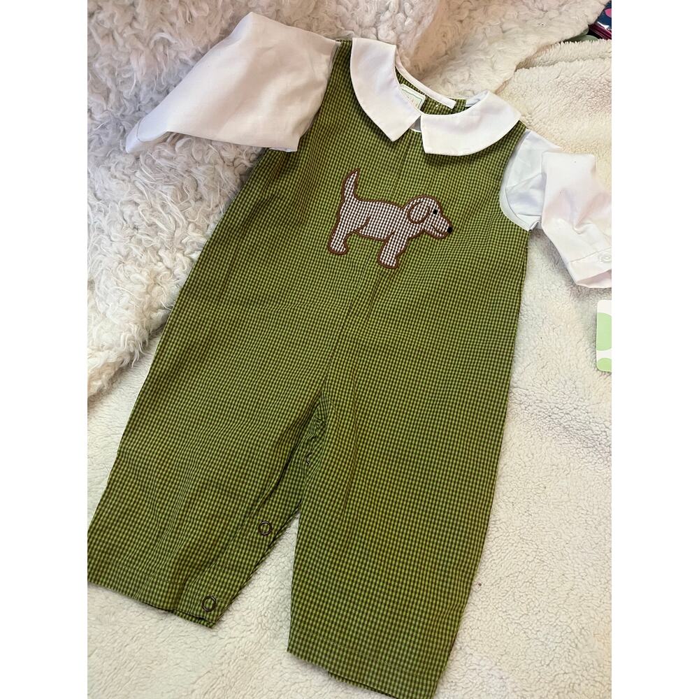{NWT} ZU Green Gingham Dog Applique' Romper 3 months